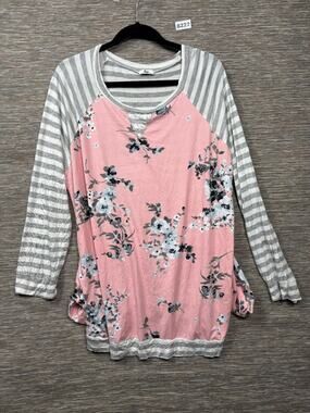 Egs Floral Tunic Top Women’s Size 1XL Pink Whit Gray Striped Long Sleeve